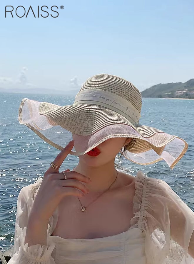 Bohemian Wide Wave Brim Sun Hat Foldable Sun Visor Bowknot Summer Beach Straw Hat for Women Beige