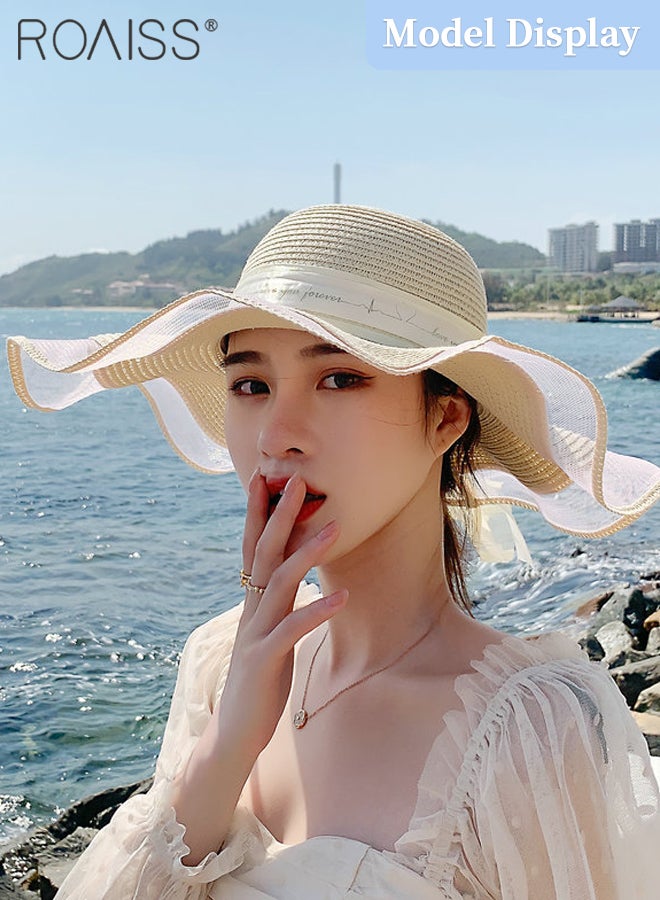 Bohemian Wide Wave Brim Sun Hat Foldable Sun Visor Bowknot Summer Beach Straw Hat for Women Beige