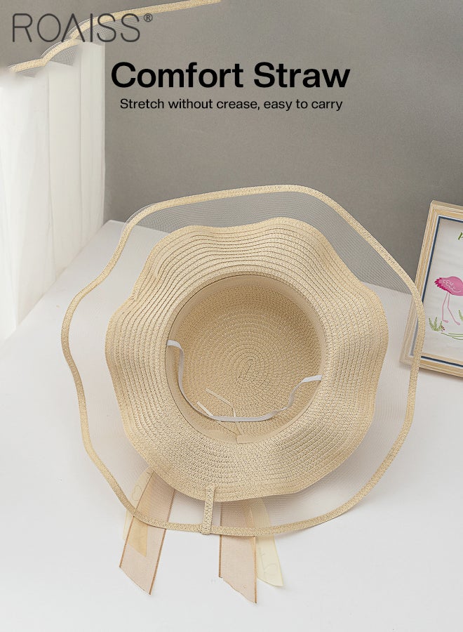 Bohemian Wide Wave Brim Sun Hat Foldable Sun Visor Bowknot Summer Beach Straw Hat for Women Beige