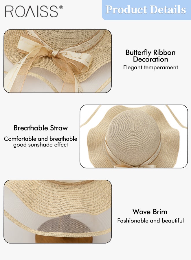 Bohemian Wide Wave Brim Sun Hat Foldable Sun Visor Bowknot Summer Beach Straw Hat for Women Beige