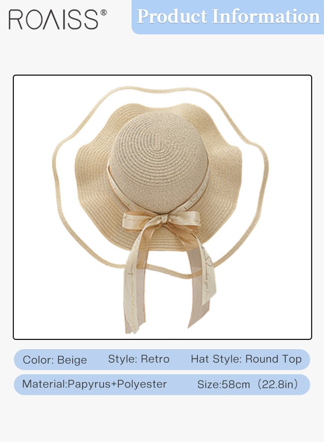 Bohemian Wide Wave Brim Sun Hat Foldable Sun Visor Bowknot Summer Beach Straw Hat for Women Beige