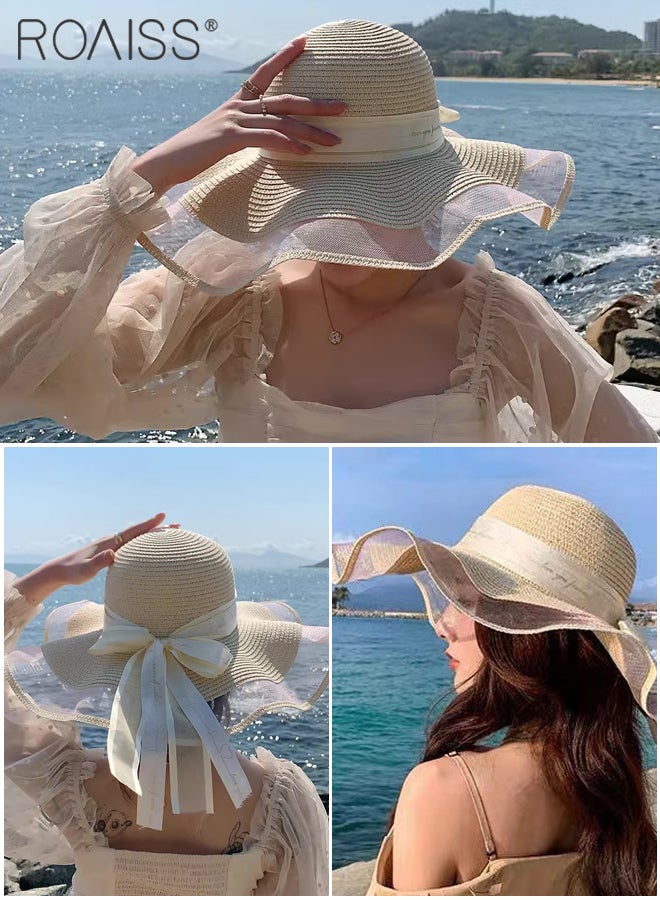 Bohemian Wide Wave Brim Sun Hat Foldable Sun Visor Bowknot Summer Beach Straw Hat for Women Beige