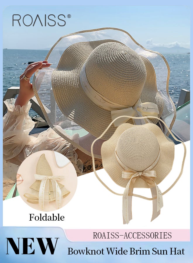 Bohemian Wide Wave Brim Sun Hat Foldable Sun Visor Bowknot Summer Beach Straw Hat for Women Beige