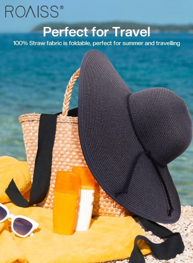 Boho Wide Brim Hat Rope Decor Sun Protection Vacation Fashion Straw Hat for Women Summer Beach Foldable Cap Black