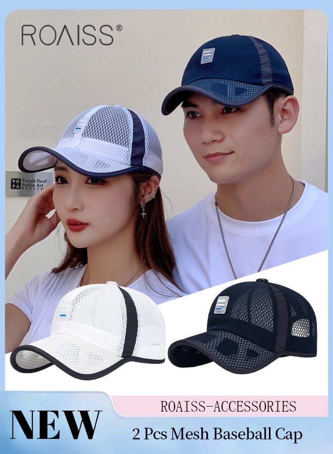 2 Pcs Summer Mesh Baseball Cap for Men Women Adjustable Breathable Cap Outdoor Sports Quick Dry Cool Running Hat Casual Trucker Hat White + Navy Blue