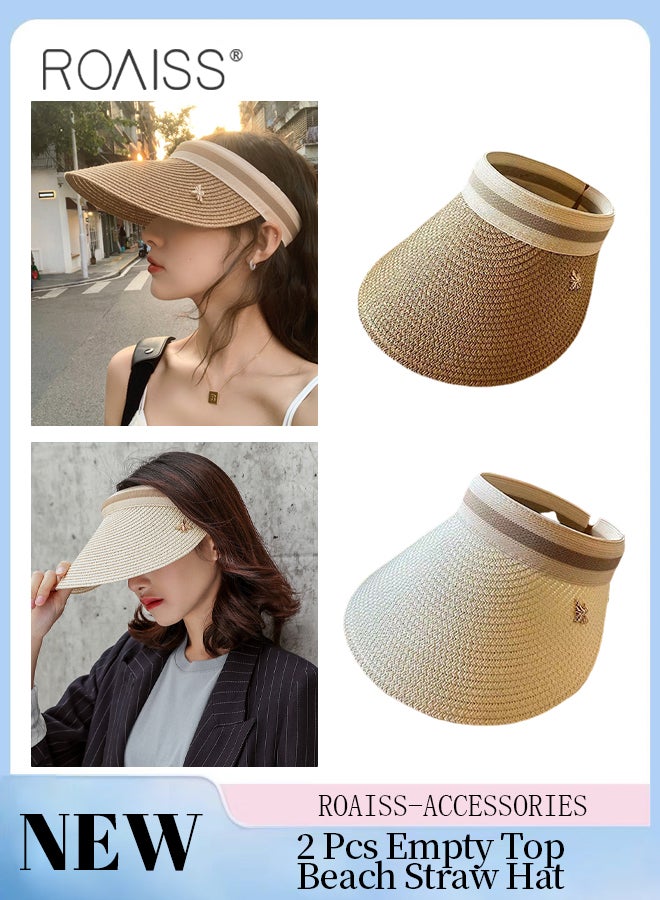 2 Pcs Empty Top Beach Straw Hat for Women Lady's Portable Beach Visor Bee Decor Sun Hat Casual Golf Beach Cap Outdoor Hat Garden Fishing Hiking