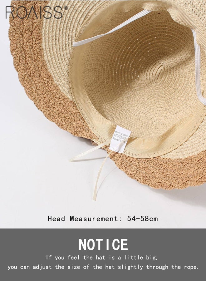 Bow Decor Straw Sun Hat for Women Summer Beach Wide Brim Adjustable Lightweight Foldable/Packable Straw Hat Beige