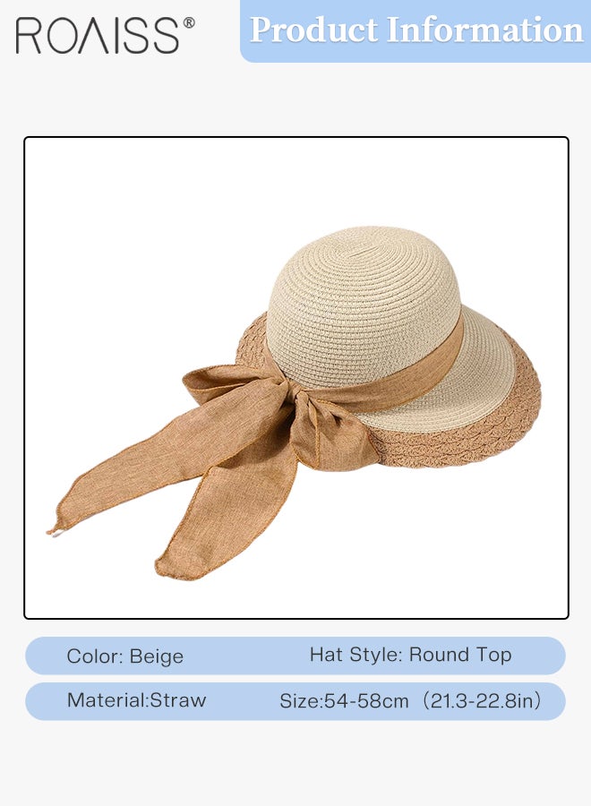 Bow Decor Straw Sun Hat for Women Summer Beach Wide Brim Adjustable Lightweight Foldable/Packable Straw Hat Beige