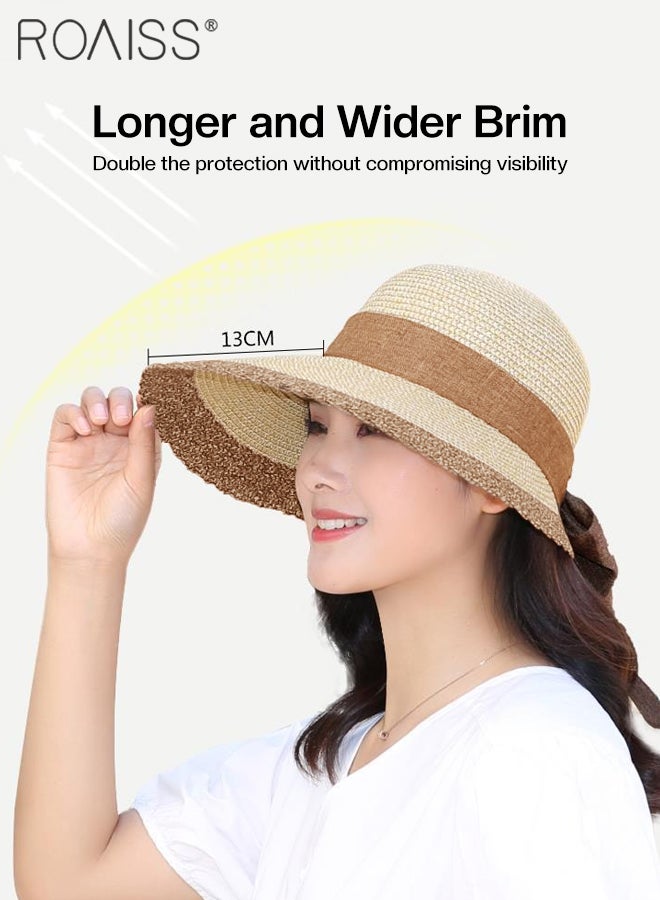 Bow Decor Straw Sun Hat for Women Summer Beach Wide Brim Adjustable Lightweight Foldable/Packable Straw Hat Beige