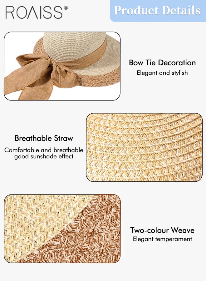 Bow Decor Straw Sun Hat for Women Summer Beach Wide Brim Adjustable Lightweight Foldable/Packable Straw Hat Beige