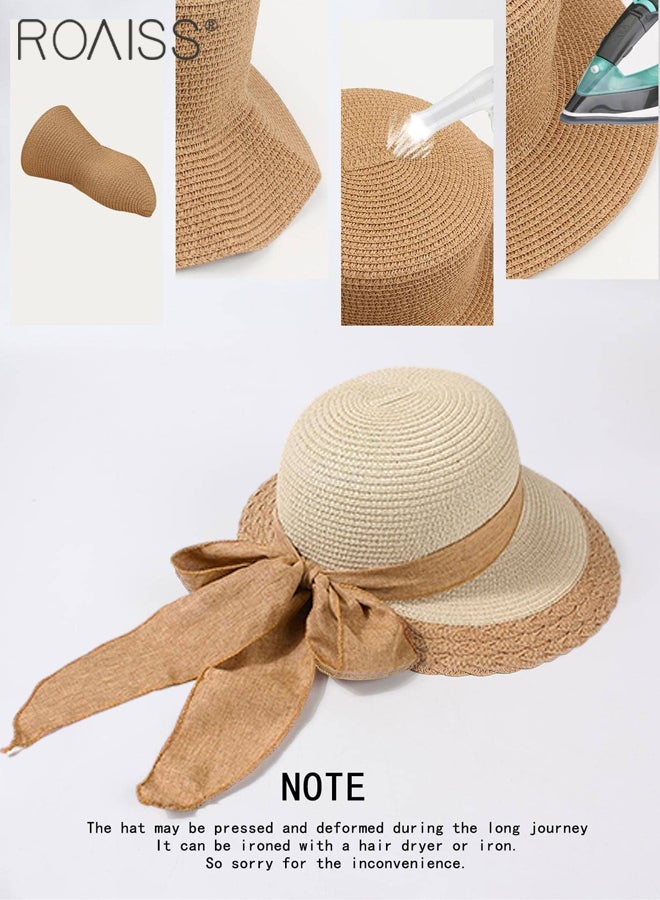 Bow Decor Straw Sun Hat for Women Summer Beach Wide Brim Adjustable Lightweight Foldable/Packable Straw Hat Beige