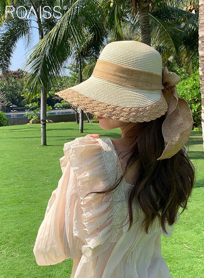 Bow Decor Straw Sun Hat for Women Summer Beach Wide Brim Adjustable Lightweight Foldable/Packable Straw Hat Beige