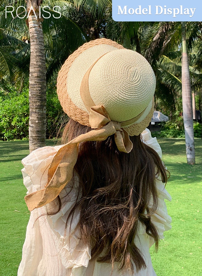 Bow Decor Straw Sun Hat for Women Summer Beach Wide Brim Adjustable Lightweight Foldable/Packable Straw Hat Beige