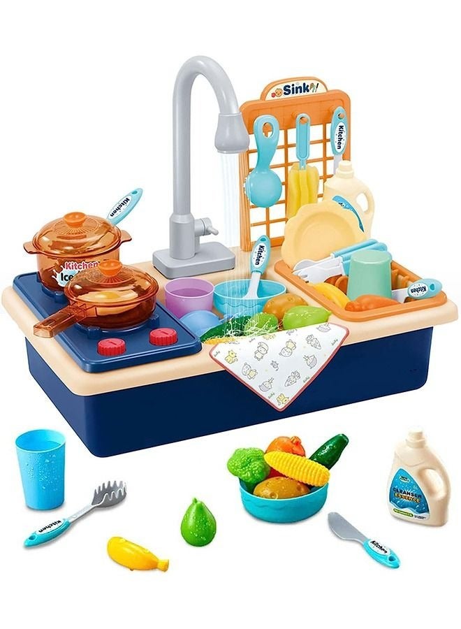 Pretend Play Kitchen Sink Toys, Cooking Stove Play with Running Water, Kids Cooking Sets with Pot and Pan Dish Rack and Play Cutting Food, Dishes Accessories for Toddlers