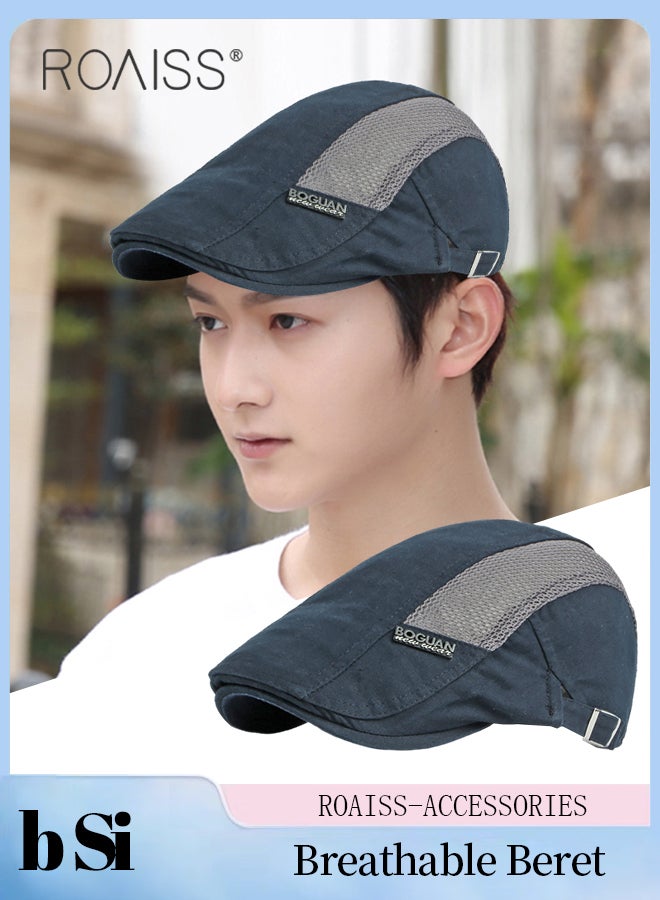 Adjustable Newsboy Cap for Men Vintage Beret Flat Cap Breathable Mesh Hat Mens Summer Cotton Hat Golf Fishing Hat (Navy Blue, One Size)