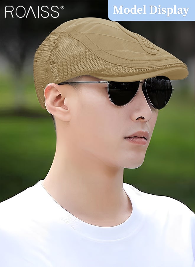 Adjustable Newsboy Cap for Men Vintage Beret Flat Cap Breathable Mesh Hat Mens Summer Cotton Hat Golf Fishing Hat (Khaki, One Size)