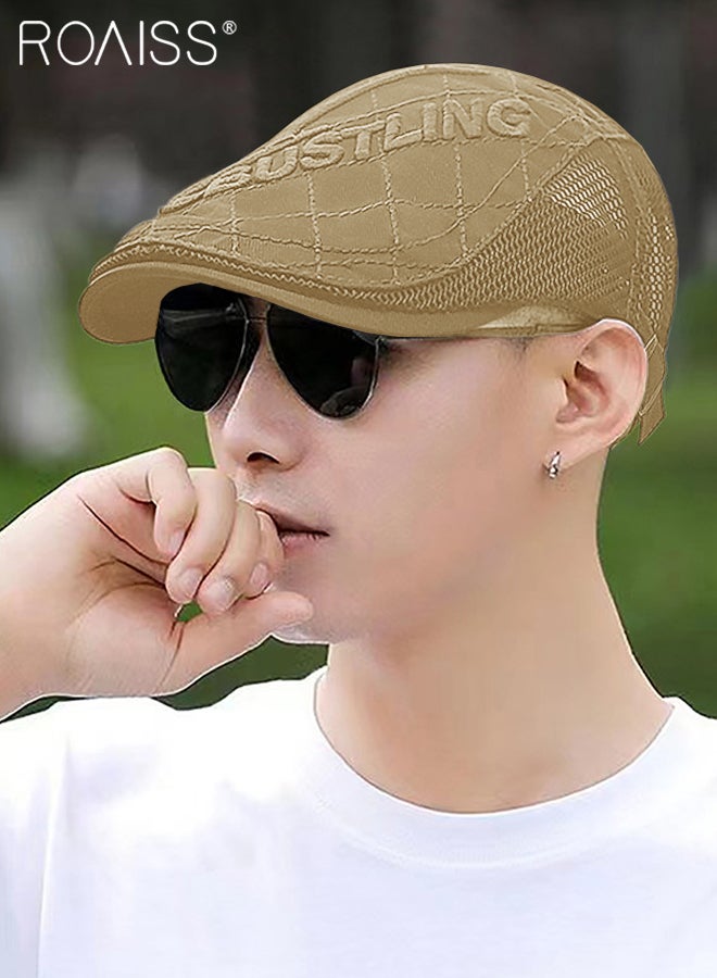 Adjustable Newsboy Cap for Men Vintage Beret Flat Cap Breathable Mesh Hat Mens Summer Cotton Hat Golf Fishing Hat (Khaki, One Size)