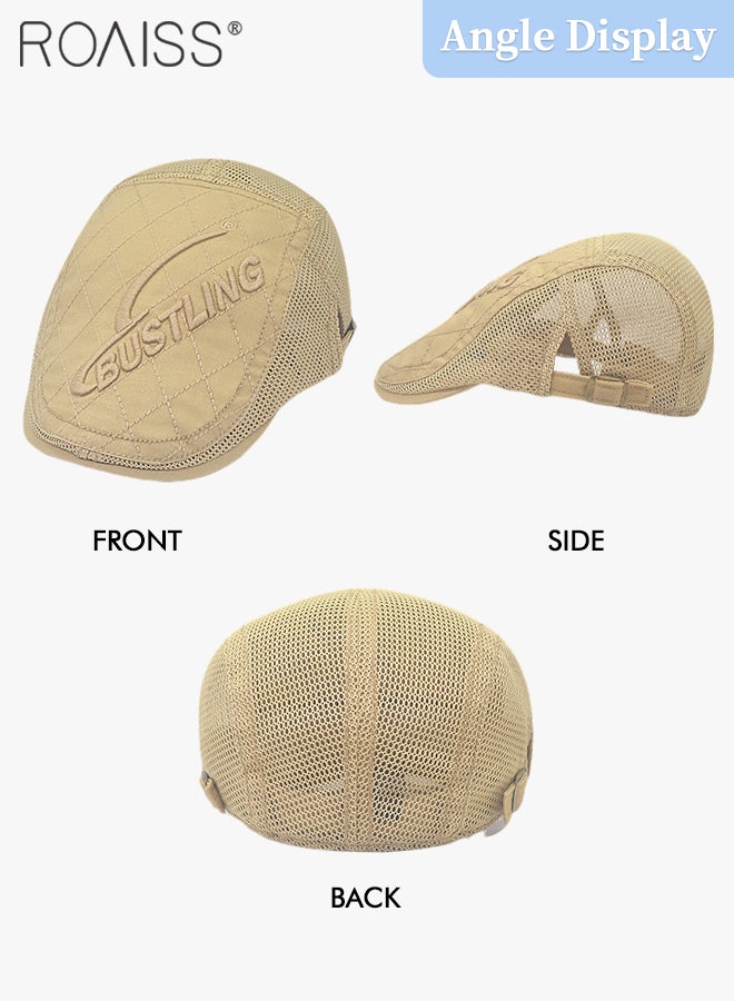 Adjustable Newsboy Cap for Men Vintage Beret Flat Cap Breathable Mesh Hat Mens Summer Cotton Hat Golf Fishing Hat (Khaki, One Size)