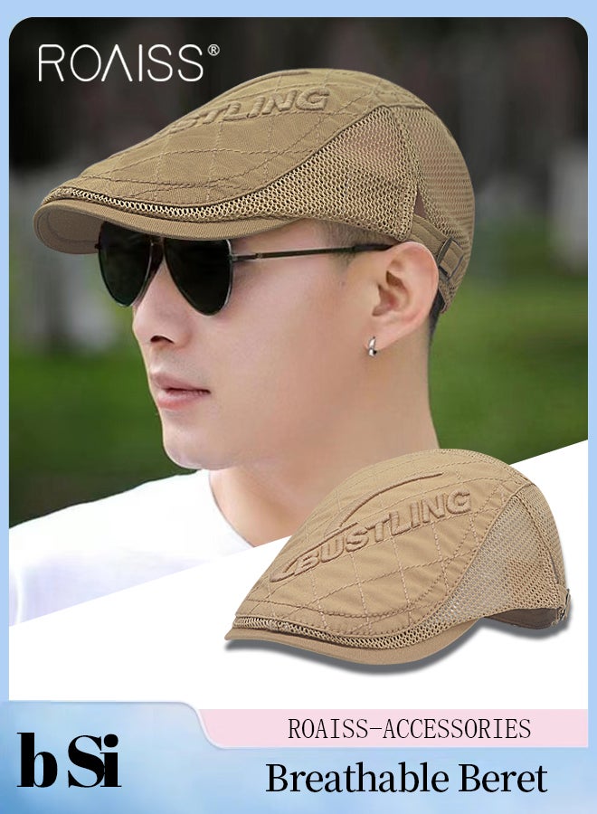 Adjustable Newsboy Cap for Men Vintage Beret Flat Cap Breathable Mesh Hat Mens Summer Cotton Hat Golf Fishing Hat (Khaki, One Size)