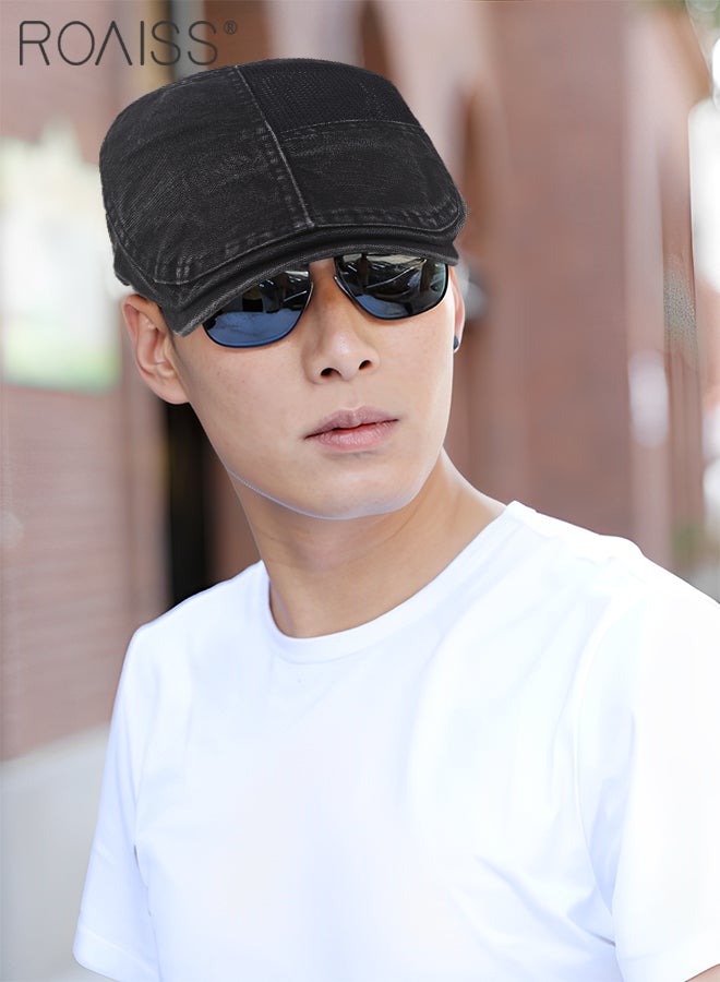 Adjustable Newsboy Cap for Men Vintage Beret Flat Cap Breathable Mesh Hat Mens Summer Cotton Hat Golf Fishing Hats Irish Hat (Black, One Size)