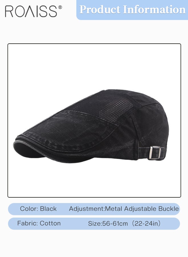 Adjustable Newsboy Cap for Men Vintage Beret Flat Cap Breathable Mesh Hat Mens Summer Cotton Hat Golf Fishing Hats Irish Hat (Black, One Size)