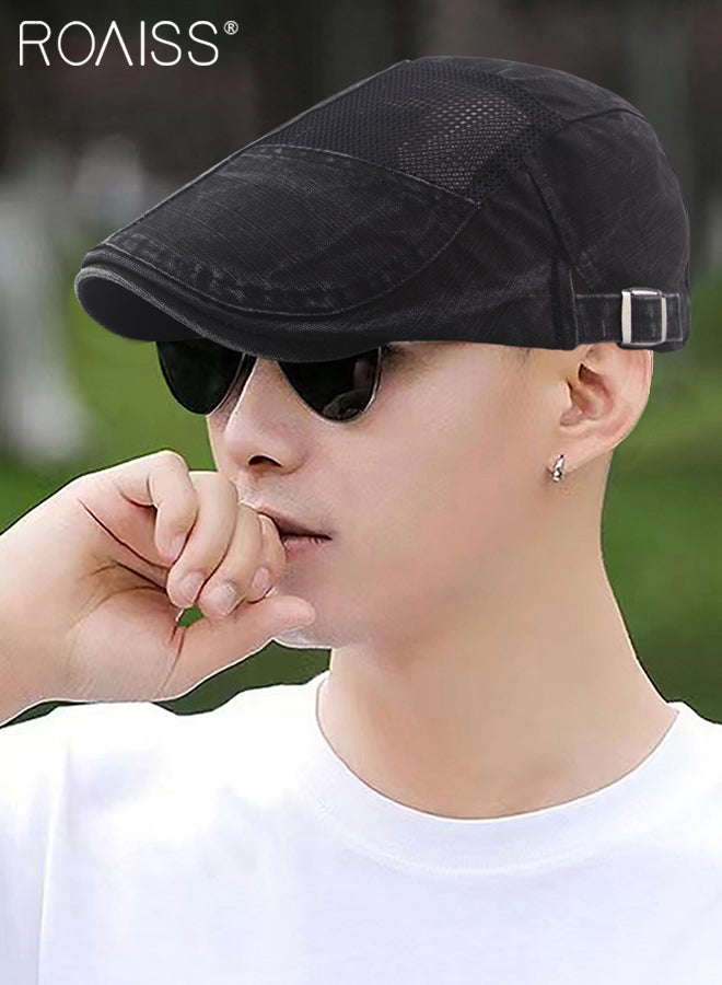 Adjustable Newsboy Cap for Men Vintage Beret Flat Cap Breathable Mesh Hat Mens Summer Cotton Hat Golf Fishing Hat (Black, One Size)