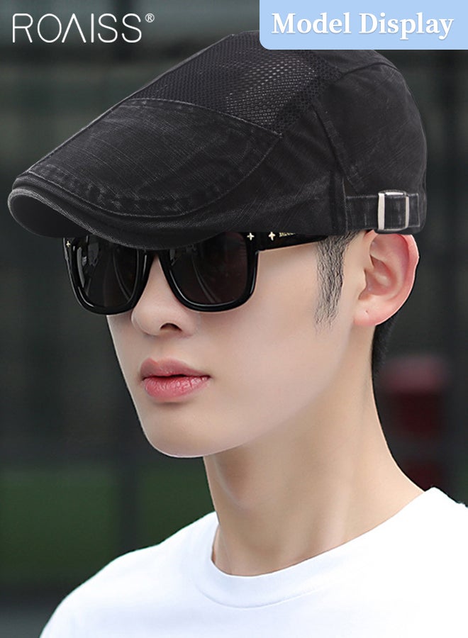 Adjustable Newsboy Cap for Men Vintage Beret Flat Cap Breathable Mesh Hat Mens Summer Cotton Hat Golf Fishing Hat (Black, One Size)