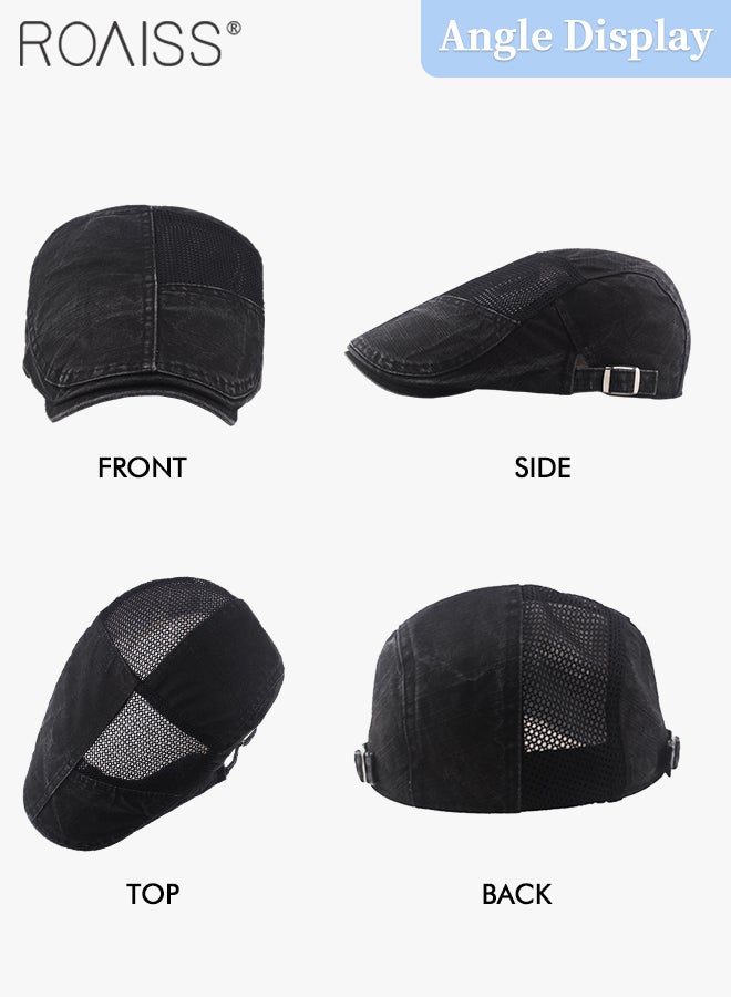 Adjustable Newsboy Cap for Men Vintage Beret Flat Cap Breathable Mesh Hat Mens Summer Cotton Hat Golf Fishing Hat (Black, One Size)