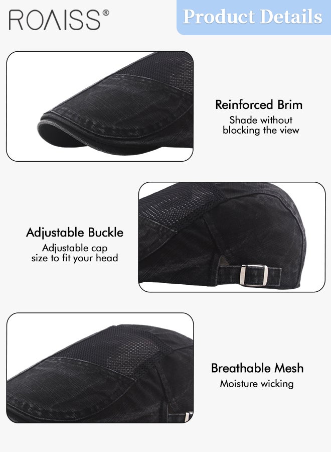 Adjustable Newsboy Cap for Men Vintage Beret Flat Cap Breathable Mesh Hat Mens Summer Cotton Hat Golf Fishing Hats Irish Hat (Black, One Size)