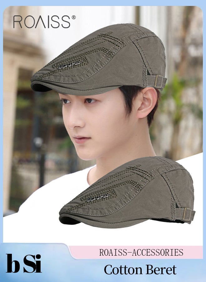 Adjustable Newsboy Cap for Men Vintage Beret Flat Cap Breathable Hat Mens Summer Cotton Hat Golf Fishing Hat (Army Green, One Size)