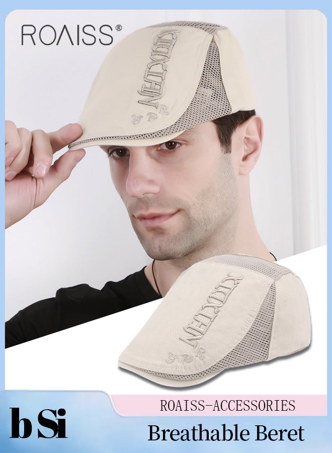 Adjustable Newsboy Cap for Men Vintage Beret Flat Cap Breathable Mesh Hat Mens Summer Cotton Hat Golf Fishing Hat (Beige, One Size)