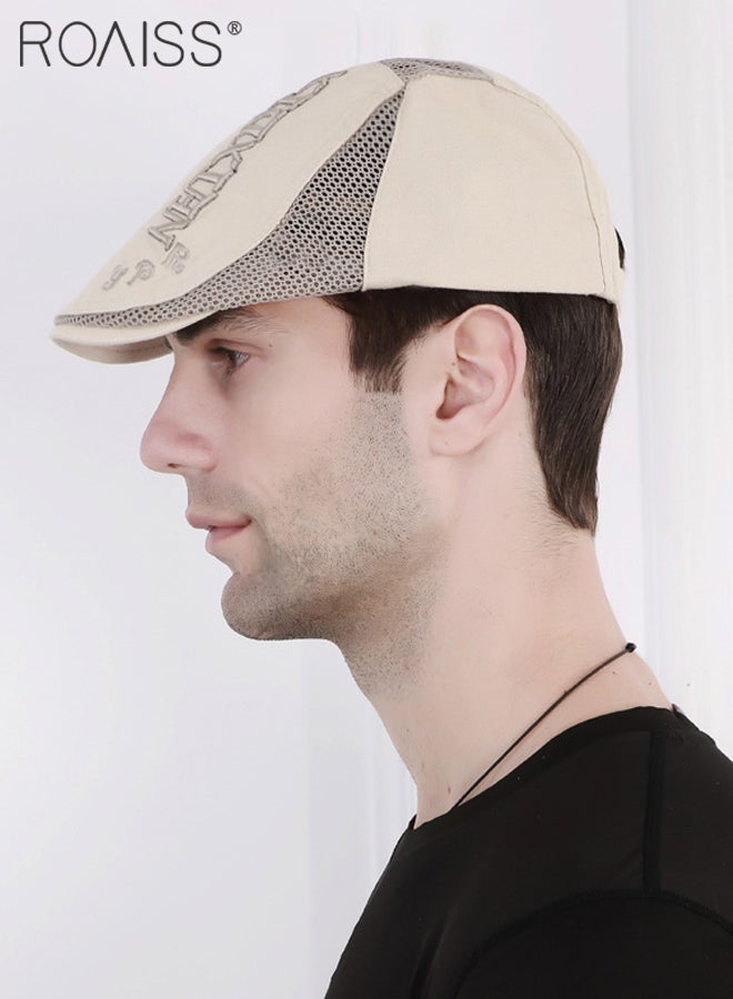 Adjustable Newsboy Cap for Men Vintage Beret Flat Cap Breathable Mesh Hat Mens Summer Cotton Hat Golf Fishing Hat (Beige, One Size)