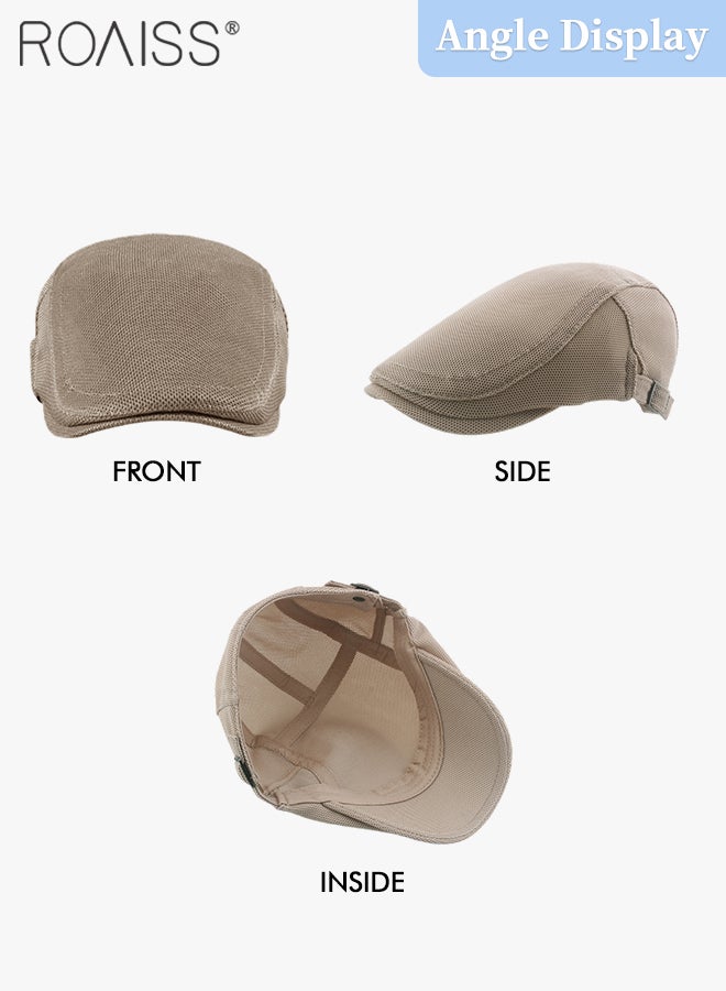 Adjustable Newsboy Cap for Men Vintage Beret Flat Cap Breathable Mesh Hat Mens Summer Hat Golf Fishing Hat (Khaki, One Size)