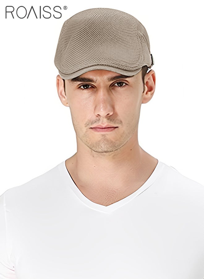 Adjustable Newsboy Cap for Men Vintage Beret Flat Cap Breathable Mesh Hat Mens Summer Hat Golf Fishing Hat (Khaki, One Size)