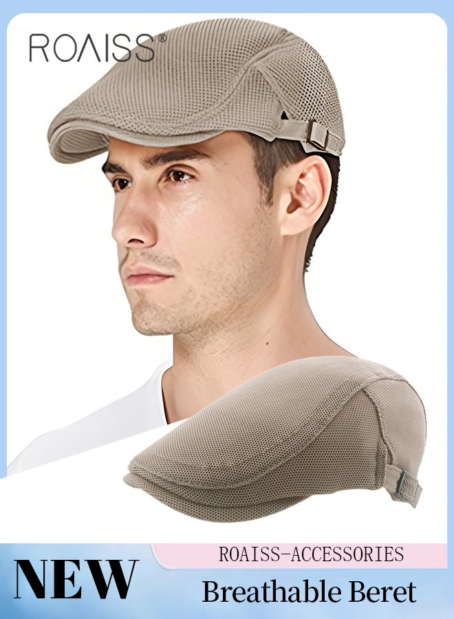 Adjustable Newsboy Cap for Men Vintage Beret Flat Cap Breathable Mesh Hat Mens Summer Hat Golf Fishing Hat (Khaki, One Size)