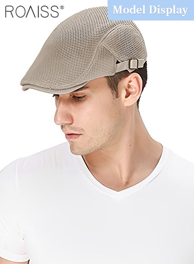 Adjustable Newsboy Cap for Men Vintage Beret Flat Cap Breathable Mesh Hat Mens Summer Hat Golf Fishing Hat (Khaki, One Size)