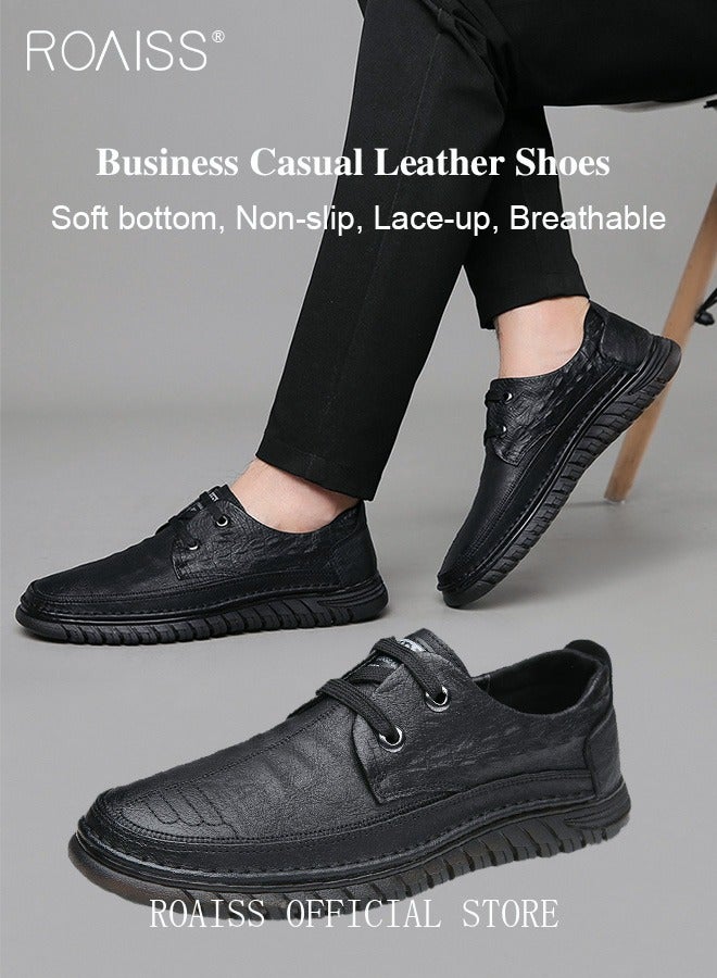 Men Business Casual Shoes Genuine Leather Shoes with Crocodile Pattern Slip Resistant Soft Sole Lace Up Design