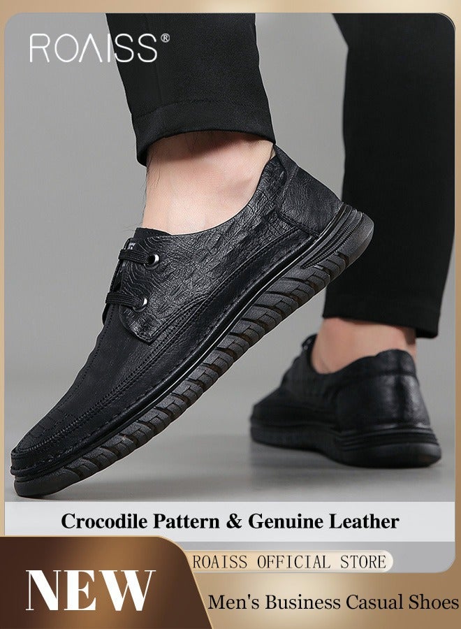 Men Business Casual Shoes Genuine Leather Shoes with Crocodile Pattern Slip Resistant Soft Sole Lace Up Design