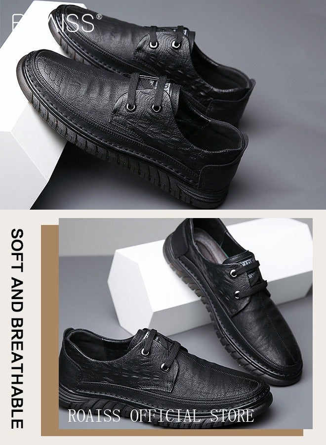 Men Business Casual Shoes Genuine Leather Shoes with Crocodile Pattern Slip Resistant Soft Sole Lace Up Design