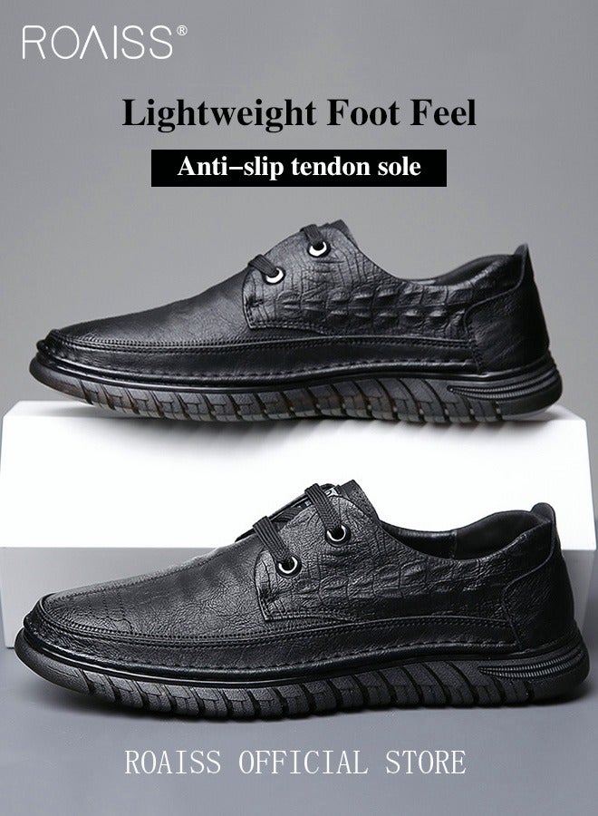 Men Business Casual Shoes Genuine Leather Shoes with Crocodile Pattern Slip Resistant Soft Sole Lace Up Design