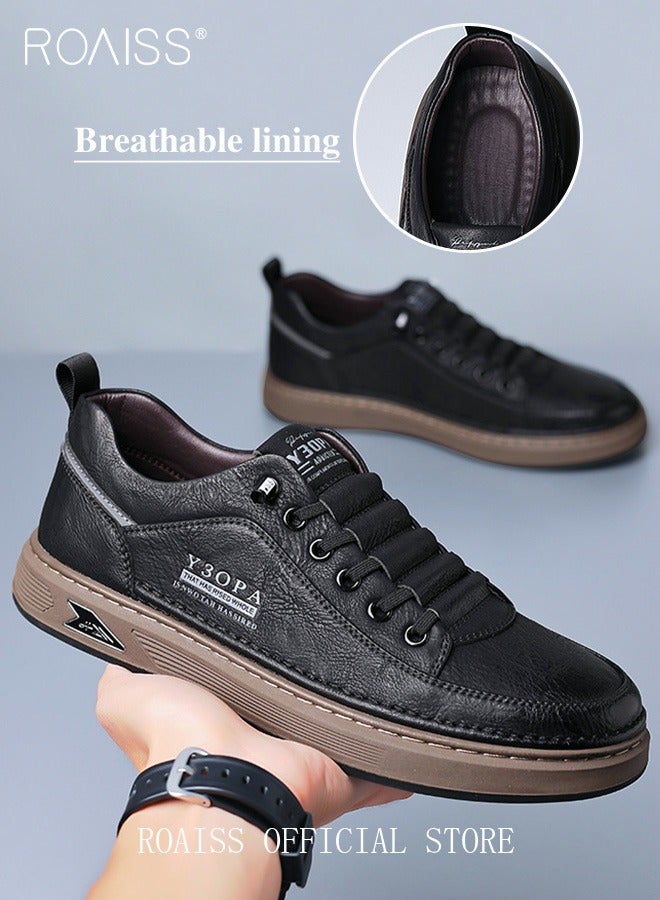 Low-Top Top Grain Leather Mens Skateboard Shoes - Comfy, Non-Slip, Breathable, Casual Business Style Sneakers with PU Insole and Rubber Sole for Outdoor Activities