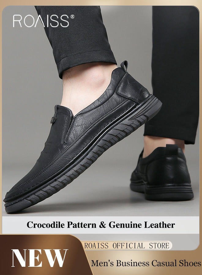 Men Business Casual Shoes Genuine Leather Shoes with Crocodile Pattern Slip Resistant Soft Sole Lace Free Design