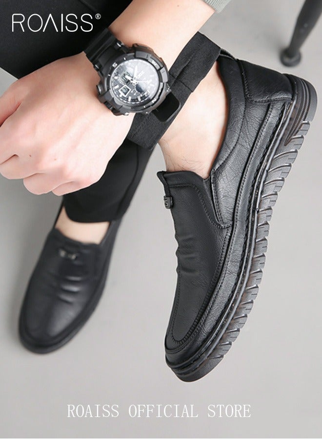 Men Business Casual Shoes Genuine Leather Shoes with Crocodile Pattern Slip Resistant Soft Sole Lace Free Design