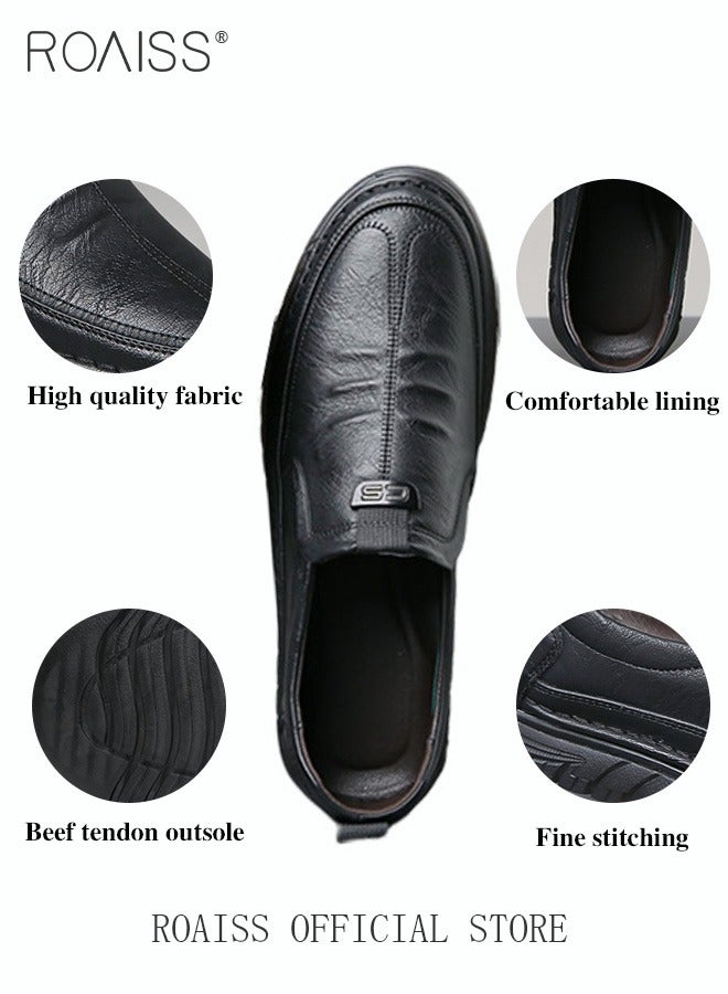 Men Business Casual Shoes Genuine Leather Shoes with Crocodile Pattern Slip Resistant Soft Sole Lace Free Design