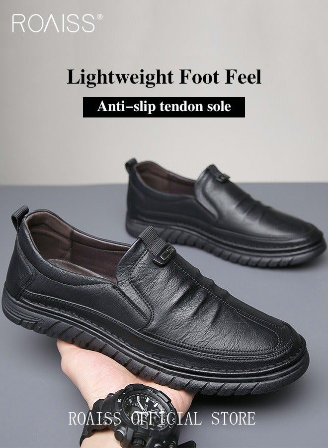 Men Business Casual Shoes Genuine Leather Shoes with Crocodile Pattern Slip Resistant Soft Sole Lace Free Design