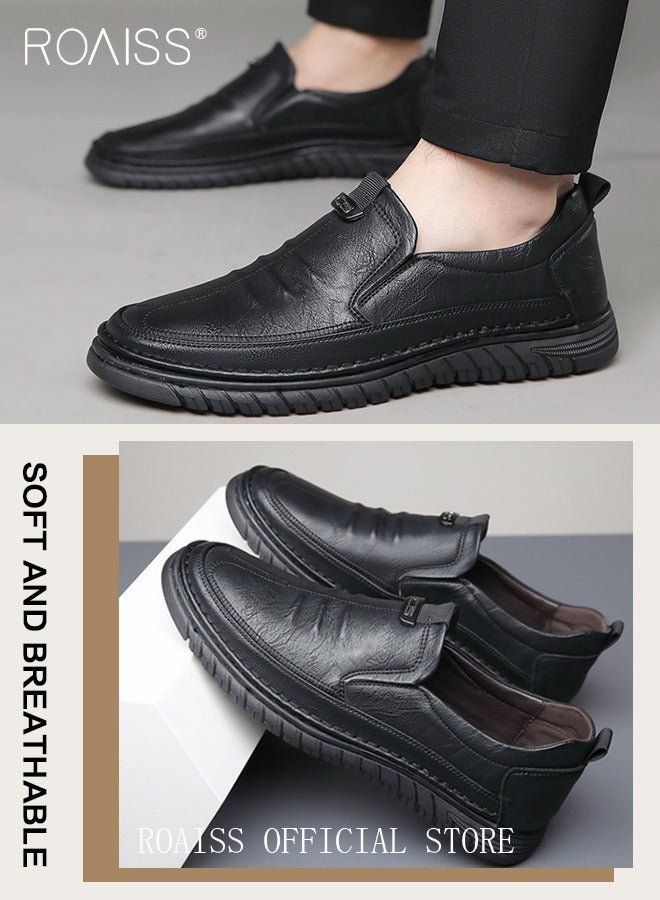 Men Business Casual Shoes Genuine Leather Shoes with Crocodile Pattern Slip Resistant Soft Sole Lace Free Design