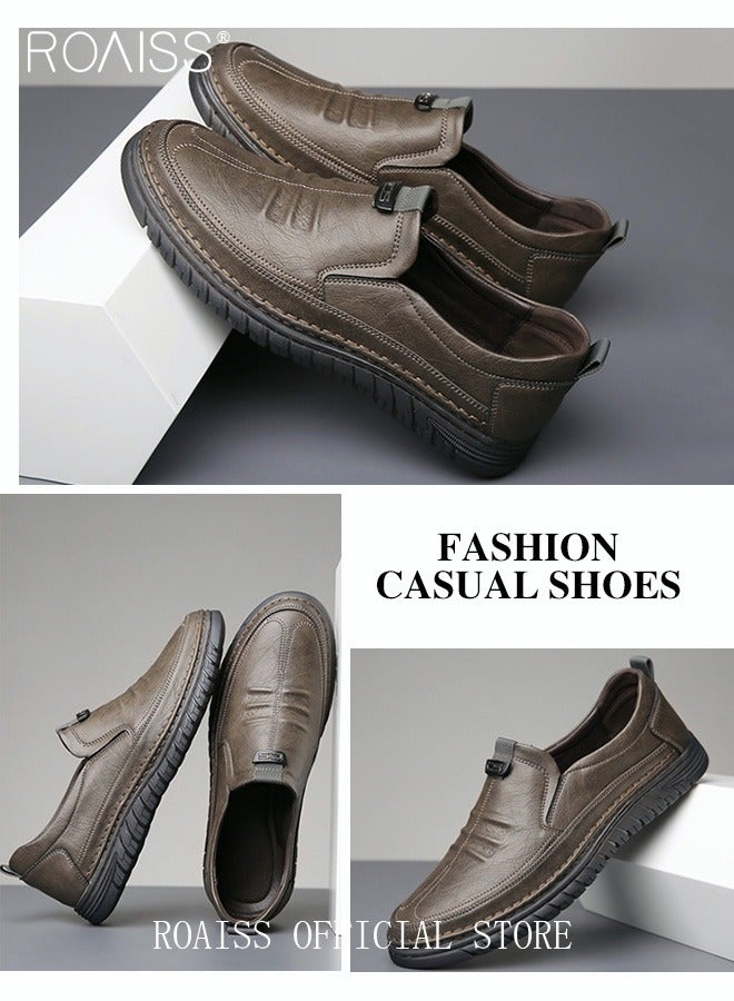 Men Business Casual Shoes Genuine Leather Shoes with Crocodile Pattern Slip Resistant Soft Sole Lace Free Design