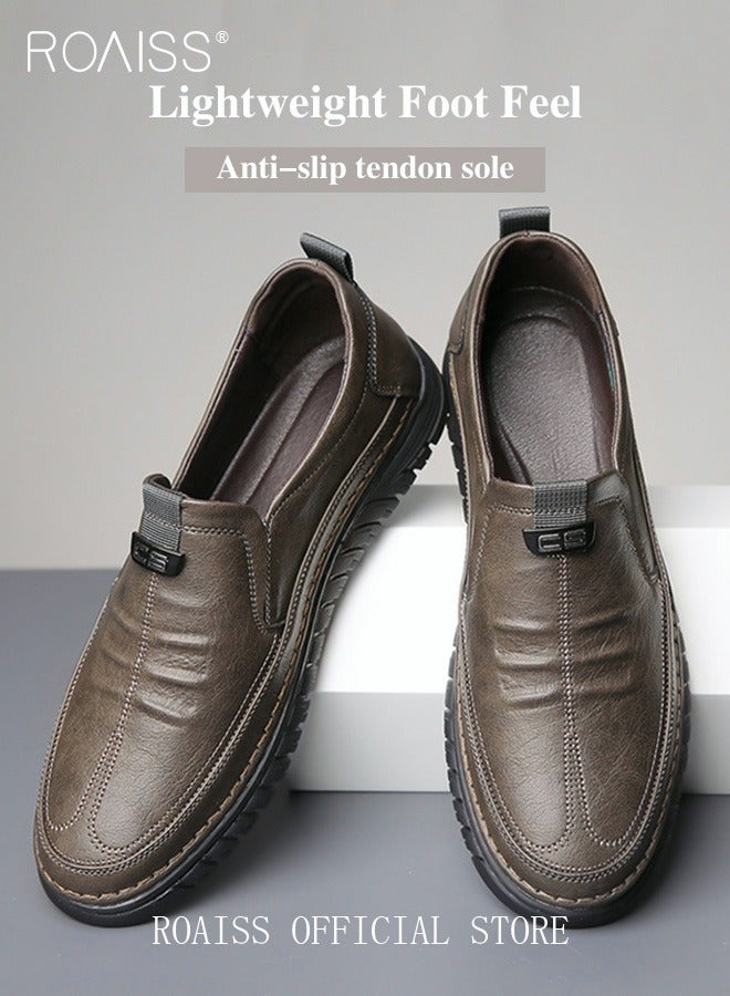 Men Business Casual Shoes Genuine Leather Shoes with Crocodile Pattern Slip Resistant Soft Sole Lace Free Design