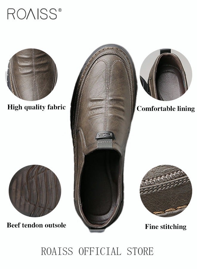 Men Business Casual Shoes Genuine Leather Shoes with Crocodile Pattern Slip Resistant Soft Sole Lace Free Design