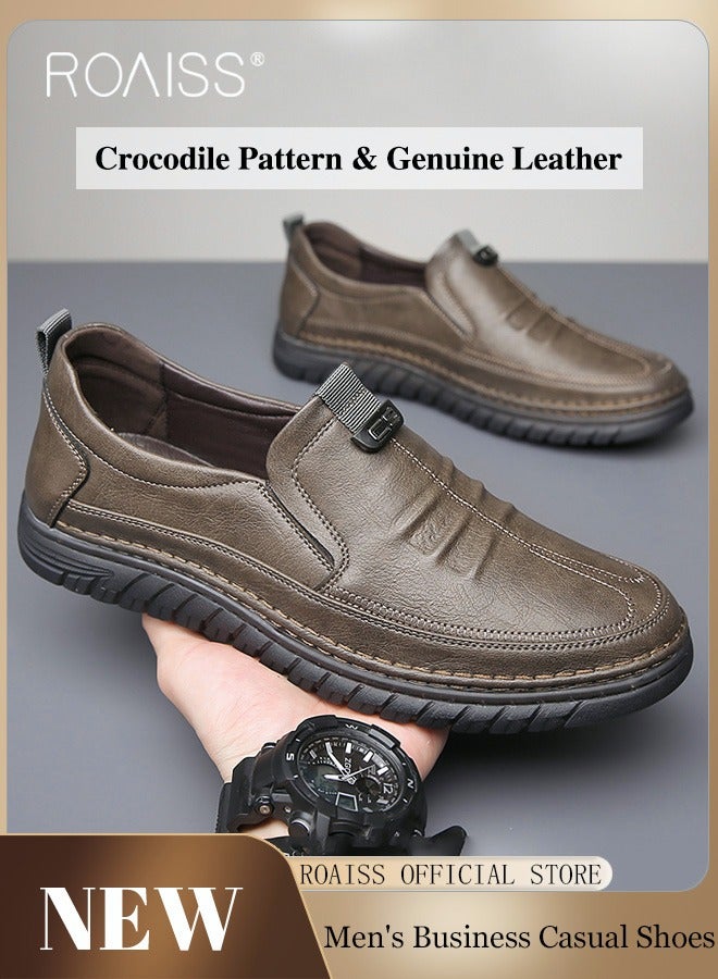 Men Business Casual Shoes Genuine Leather Shoes with Crocodile Pattern Slip Resistant Soft Sole Lace Free Design